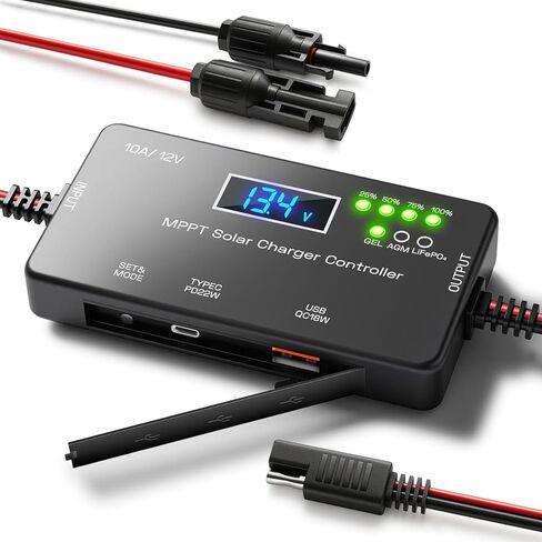 MPPT Solar Charge Controller 12V 10A, Solar Panel Regulator with LCD Display, Type-C & USB Charging Ports, Compatible with LiFePO₄, Lithium, Gel, AGM Battery for RV Boat Marine Off-Grid System in Kuwait