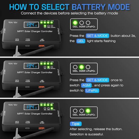 MPPT Solar Charge Controller 12V 10A, Solar Panel Regulator with LCD Display, Type-C & USB Charging Ports, Compatible with LiFePO₄, Lithium, Gel, AGM Battery for RV Boat Marine Off-Grid System in Kuwait