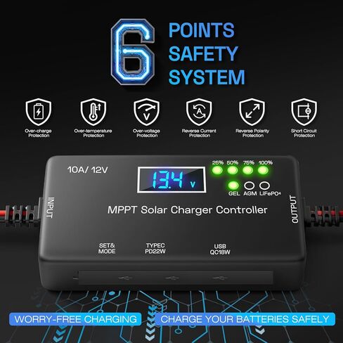 MPPT Solar Charge Controller 12V 10A, Solar Panel Regulator with LCD Display, Type-C & USB Charging Ports, Compatible with LiFePO₄, Lithium, Gel, AGM Battery for RV Boat Marine Off-Grid System in Kuwait