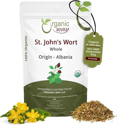الطريقة العضوية نبتة سانت جون الكاملة (Hypericum perforatum) - شاي الأعشاب | الحصاد البري الأوروبي | عضوي، موافق للشريعة اليهودية ووزارة الزراعة الأمريكية معتمد | نباتي، غير معدّل وراثيًا وخالي من الغلوتين | المنشأ - ألبانيا (1/2 رطل / 8 أونصة) in Saudi Arabia