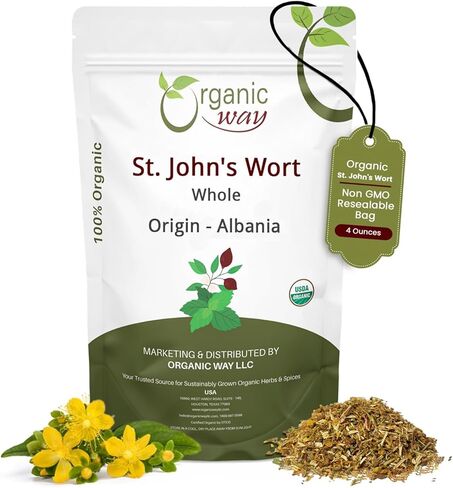 Organic Way St. John's Wort Whole (Hypericum perforatum) - Herbal Tea | European Wild-Harvest | Organic, Kosher & USDA Certified | Vegan, Non GMO & Gluten Free | Origin - Albania (1/2LBS / 8Oz) in Kuwait