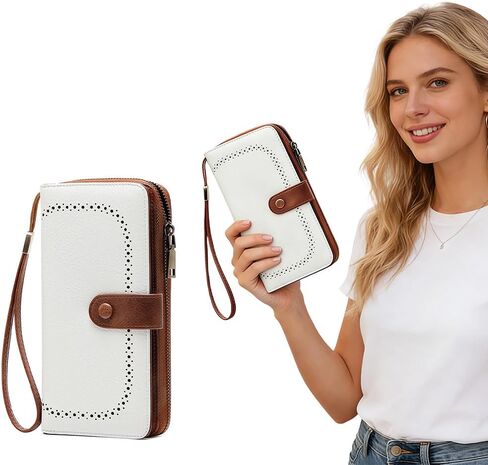محفظة نسائية مزودة بتقنية RFID، حامل بطاقات ائتمان جلدية، سعة كبيرة، محفظة معصم، محفظة سفر، باللونين الأبيض والبني in Saudi Arabia