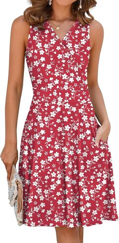 فساتين Naggoo للشمس للنساء صيفية كاجوال ملفوفة صناعيًا ورقبة على شكل حرف V فستان قصير بدون أكمام مع جيوب in Kuwait