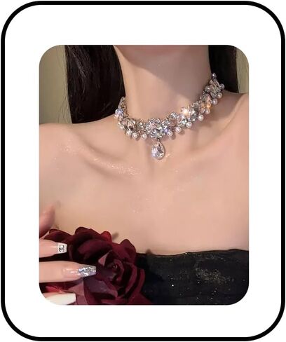 Sparkly Rhinestone Choker Necklace for Women Chunky Pearl Teardrop Crystal Pendant Necklace Wedding Prom Anniversary Fashion Jewelry Accessory in Saudi Arabia