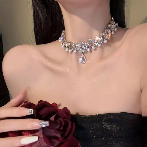 Sparkly Rhinestone Choker Necklace for Women Chunky Pearl Teardrop Crystal Pendant Necklace Wedding Prom Anniversary Fashion Jewelry Accessory in Saudi Arabia