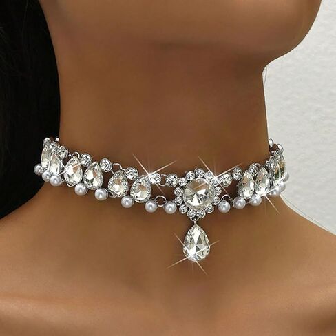 Sparkly Rhinestone Choker Necklace for Women Chunky Pearl Teardrop Crystal Pendant Necklace Wedding Prom Anniversary Fashion Jewelry Accessory in Saudi Arabia