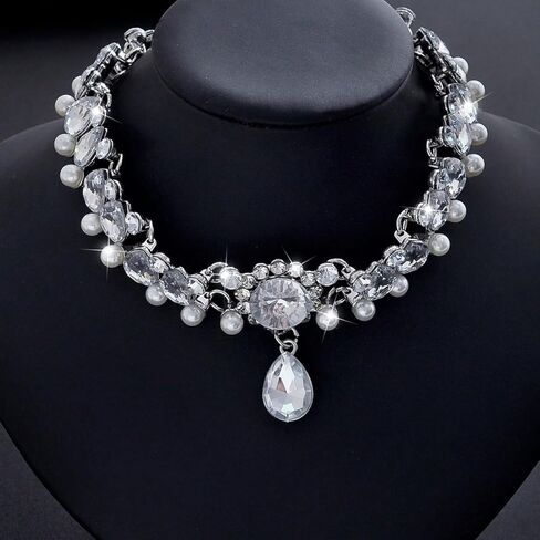 Sparkly Rhinestone Choker Necklace for Women Chunky Pearl Teardrop Crystal Pendant Necklace Wedding Prom Anniversary Fashion Jewelry Accessory in Saudi Arabia