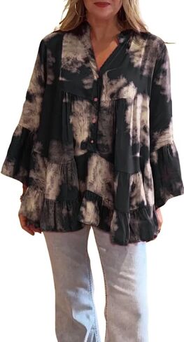 utcoco Womens Trumpet Sleeve Peplum Blouse Tops Casual Loose Fit Button Up Floral Print Boho Shirts in Saudi Arabia
