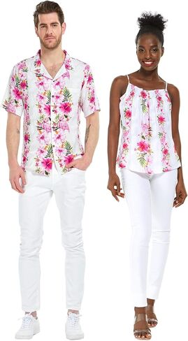 Matchable Couple Hawaiian Luau Shirt or Spaghetti Strap Top in Pink White Hibiscus Vine in Saudi Arabia