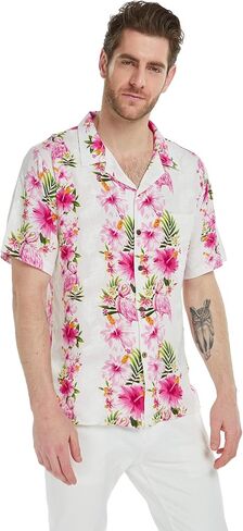 Matchable Couple Hawaiian Luau Shirt or Spaghetti Strap Top in Pink White Hibiscus Vine in Saudi Arabia