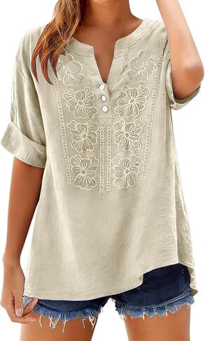 Womens Linen Tops 3/4 Sleeve Cotton Floral Embroidered Shirts Summer Dressy Casual Boho Blouses Loose Fit Tunic shirt in Saudi Arabia
