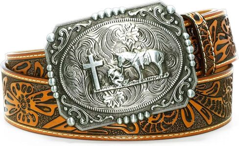 Moranse Belts With Religion Cross Kneeling Prayer Western Cowboy Buckle,Genuine Leather,Classic Retro Designs in Saudi Arabia