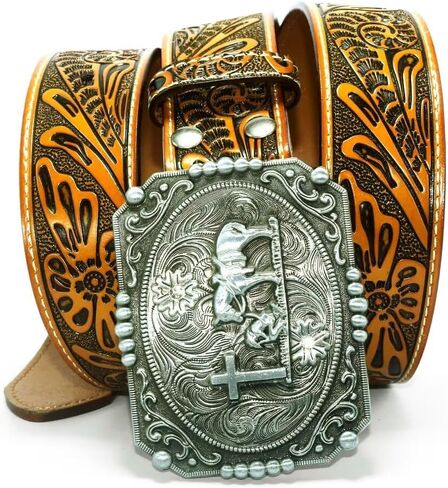 Moranse Belts With Religion Cross Kneeling Prayer Western Cowboy Buckle,Genuine Leather,Classic Retro Designs in Saudi Arabia