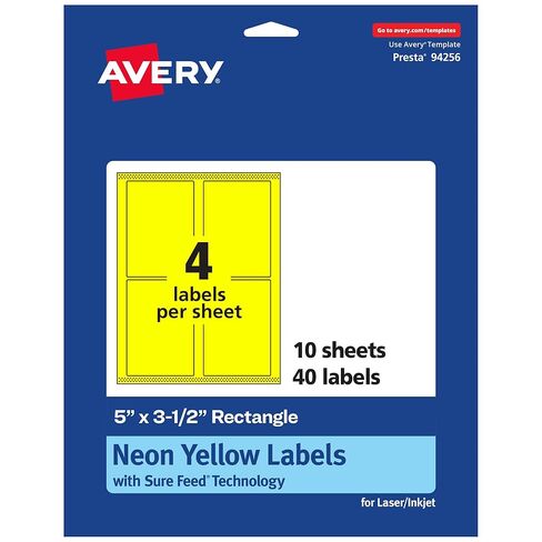 Avery Printable Rectangle Labels, Sure Feed Technology, 5" x 3-1/2", Neon Yellow Labels, Laser/Inkjet Printable, 80 Total, Great for Shipping and Packaging in Saudi Arabia