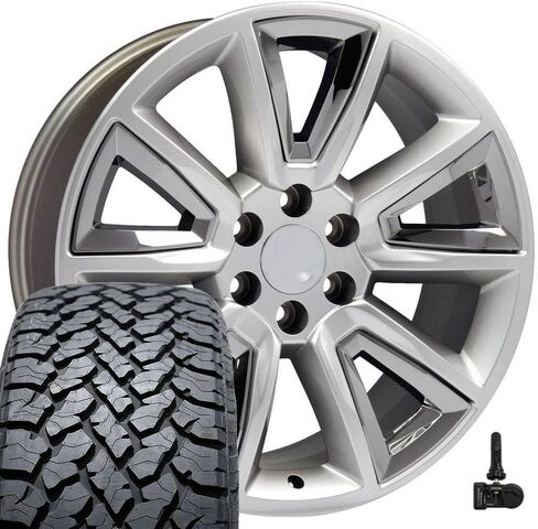 إطارات وإطارات OE Wheels CV73 مقاس 20 بوصة تناسب طراز تاهو 6x139.7 20x8.5 أسود لامع مع إدراج كروم - هولاندر 5696 - TS-37 AT 275/55-20 (مجموعة من 4) in Saudi Arabia