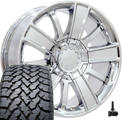 OE Wheels CV77 20 Inch Rims and Tires Fit Silverado 1500 Style 6x139.7 20x9 Chrome - Hollander 5653 - TS-37 AT 275/55-20 (Set of 4) in Saudi Arabia