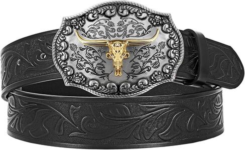 JASGOOD Men Leather Western Belt, Cowboy Cowgirl Country Belt with Longhorn Cow Vintage Engraved Buckle Belt for Jeans in Saudi Arabia