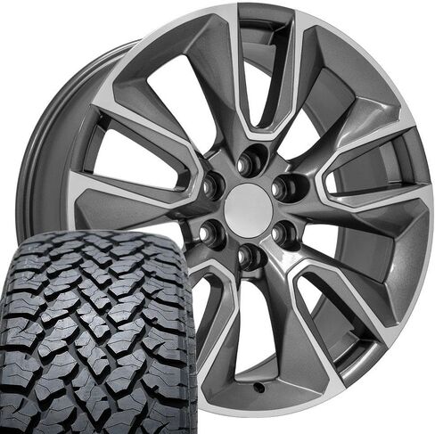 OE Wheels CV32 22 Inch Rims and Tires Fit Silverado 1500 Style 6x139.7 22x9 Gloss Gunmetal Machined - Hollander 5916 - TS-37 AT 285/45-22 (Set of 4) in Saudi Arabia