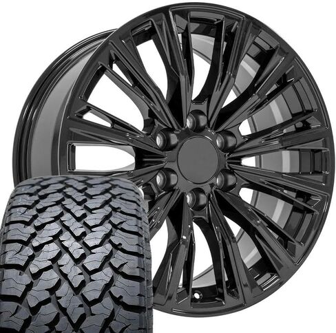 إطارات وإطارات OE Wheels CA93 مقاس 20 بوصة تناسب طراز سلسلة Escalade-V 6x139.7 20x9 أسود لامع - هولاندر 4869 - TS-37 AT 275/55-20 (مجموعة من 4) in Saudi Arabia