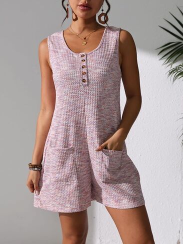 بذلة نسائية من قطعة واحدة غير رسمية من Henley رومبير بدون أكمام مع جيوب جانبية للصيف والارتداء اليومي ورحلات الشاطئ in Saudi Arabia