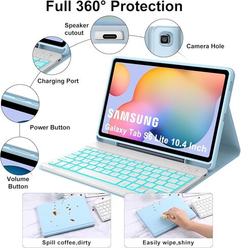Samsung Galaxy Tab S6 Lite Case with Keyboard 10.4" 2022/2020, Detachable Wireless Backlight Keyboard| Slim Folio Cover with S Pen Holder| Auto Sleep/Wake| Galaxy Tab S6 Lite SM-P610/P613/P615/P619 in Kuwait
