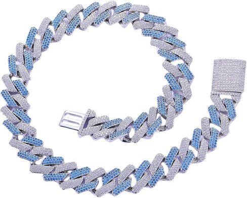 ICEDIAMOND 20mm Dual Colors Zirconia Iced Out Miami Cuban Chain Necklace, Prong Setting Blue-Clear Simulated Diamonds Heavy Luxury Rapper Chains, White Gold Plated Hip Hop Jewelry for Men Women in Kuwait