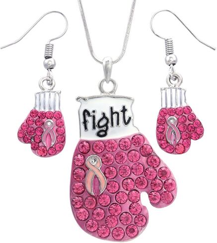 Boxing Gloves Breast Cancer Awareness Pink Ribbon Brooch Pin Dangle Earrings Set in Saudi Arabia