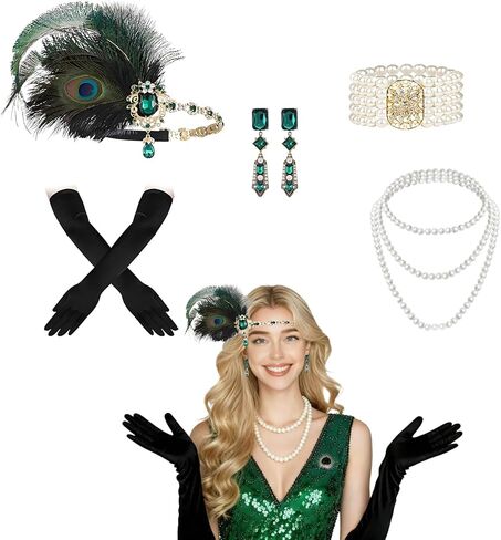 5 قطع - مجموعة غطاء رأس Gatsby Flapper الرائعة: إكسسوارات من العشرينيات للنساء مع قلادة من اللؤلؤ وسوار وأقراط وقفازات سوداء طويلة - ملابس حفلات Harlem Nights in Saudi Arabia