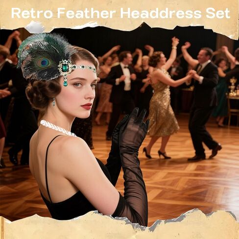 5 قطع - مجموعة غطاء رأس Gatsby Flapper الرائعة: إكسسوارات من العشرينيات للنساء مع قلادة من اللؤلؤ وسوار وأقراط وقفازات سوداء طويلة - ملابس حفلات Harlem Nights in Saudi Arabia