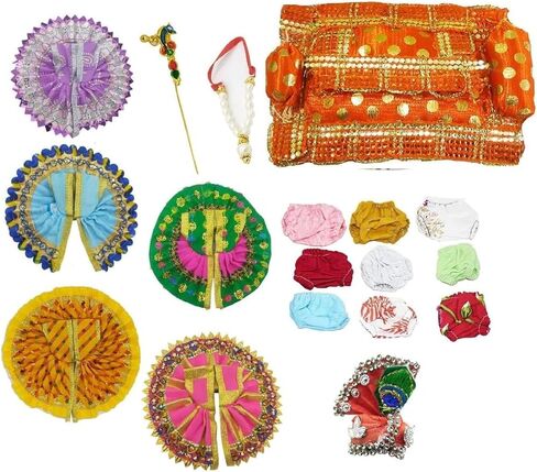 Size 1 Laddu Gopal Shringar Combo Set, 8 Piece Traditional Indian Temple Jewelry, Multicolor, Size 1 No, Mukut Mala Bansuri Chhadi Kundal Karula Pagdi Specs in Saudi Arabia