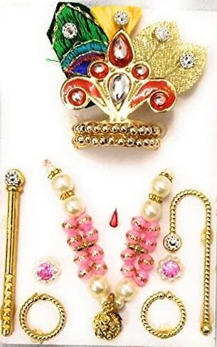 Size 1 Laddu Gopal Shringar Combo Set, 8 Piece Traditional Indian Temple Jewelry, Multicolor, Size 1 No, Mukut Mala Bansuri Chhadi Kundal Karula Pagdi Specs in Saudi Arabia