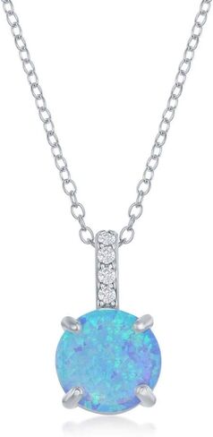 Beaux Bijoux مستدير الشق مكون من العقيق الأزرق/الأبيض مع زركونيا مكعب 18 بوصة قلادة قلادة بما في ذلك 6 مم مستدير أزرق مكون من أقراط أوبال من الفضة الإسترليني مجموعة مجوهرات للنساء in Saudi Arabia
