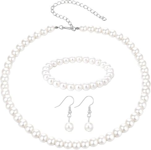 مجموعة أقراط سوار وقلادة من اللؤلؤ مكونة من 3 قطع، مجموعة مجوهرات من اللؤلؤ الصناعي مقاس 8 مم من اللؤلؤ المقلد مجموعات من اللؤلؤ الأبيض والمجوهرات للنساء في حفلات الزفاف والحفلات الراقصة in Saudi Arabia