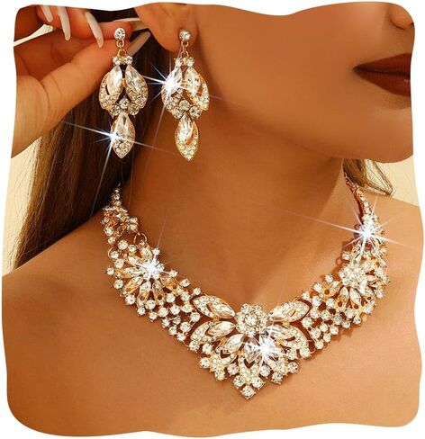 Yonamix Wedding Jewelry Sets Gold Rhinestone Necklace and Earrings for Women in Saudi Arabia