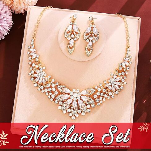 Yonamix Wedding Jewelry Sets Gold Rhinestone Necklace and Earrings for Women in Saudi Arabia