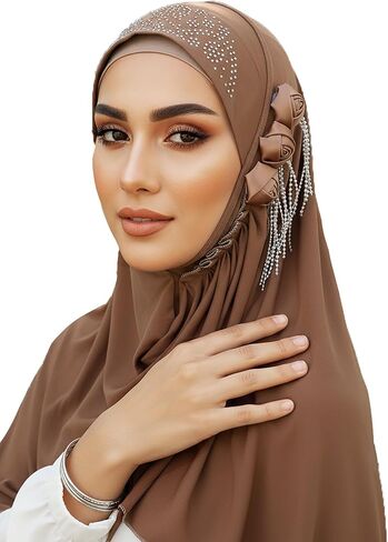 وشاح حجاب فوري من Wooee Flower للنساء من قماش الجيرسي البني وشاح رأس قابل للتمدد in Saudi Arabia