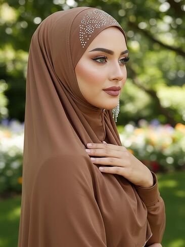 وشاح حجاب فوري من Wooee Flower للنساء من قماش الجيرسي البني وشاح رأس قابل للتمدد in Saudi Arabia