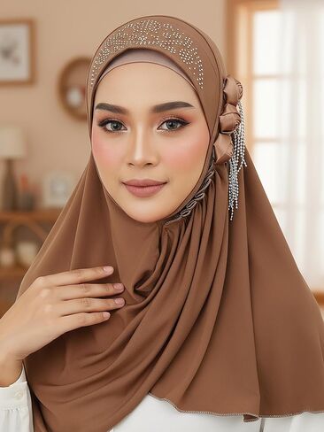 وشاح حجاب فوري من Wooee Flower للنساء من قماش الجيرسي البني وشاح رأس قابل للتمدد in Saudi Arabia