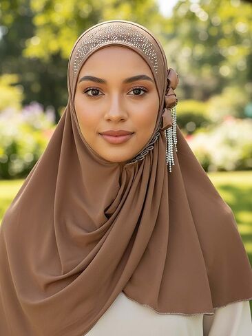 وشاح حجاب فوري من Wooee Flower للنساء من قماش الجيرسي البني وشاح رأس قابل للتمدد in Saudi Arabia