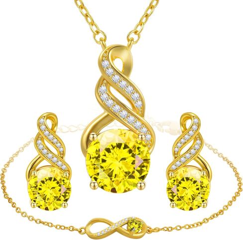 Jewelry Sets for Women-18K Gold Plated Dainty Birthstone Pendant,Trendy Necklace Earrings Infinity Bracelets Set,Ideal Jewelry Gifts for Her Mom in Saudi Arabia