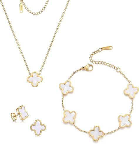 مجموعات Lucky Clover، سوار أربع أوراق البرسيم مطلي بالذهب عيار 18 قيراط، قلادة قلادة، أقراط للنساء مجموعة أساور على شكل زهرة، هدايا مجوهرات للنساء in Kuwait