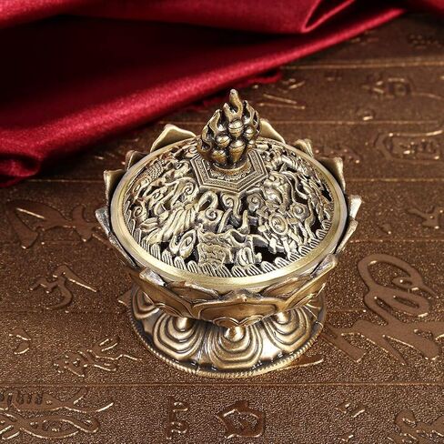 Lotus Flower Incense Burner, Zinc Alloy Resin Incense Holder for Home Office Decor, Charcoal Incense Burner with Lid for Meditation Yoga Aromatherapy, Small Bronze Craft Ornament in Saudi Arabia