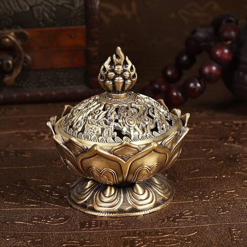 Lotus Flower Incense Burner, Zinc Alloy Resin Incense Holder for Home Office Decor, Charcoal Incense Burner with Lid for Meditation Yoga Aromatherapy, Small Bronze Craft Ornament in Saudi Arabia
