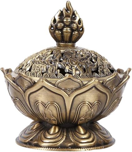 Lotus Flower Incense Burner, Zinc Alloy Resin Incense Holder for Home Office Decor, Charcoal Incense Burner with Lid for Meditation Yoga Aromatherapy, Small Bronze Craft Ornament in Saudi Arabia