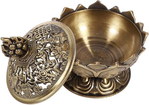 Lotus Flower Incense Burner, Zinc Alloy Resin Incense Holder for Home Office Decor, Charcoal Incense Burner with Lid for Meditation Yoga Aromatherapy, Small Bronze Craft Ornament in Saudi Arabia