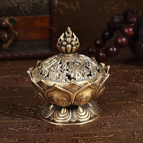 Lotus Flower Incense Burner, Zinc Alloy Resin Incense Holder for Home Office Decor, Charcoal Incense Burner with Lid for Meditation Yoga Aromatherapy, Small Bronze Craft Ornament in Saudi Arabia