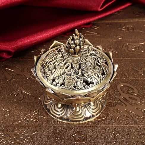 Lotus Flower Incense Burner, Zinc Alloy Resin Incense Holder for Home Office Decor, Charcoal Incense Burner with Lid for Meditation Yoga Aromatherapy, Small Bronze Craft Ornament in Saudi Arabia