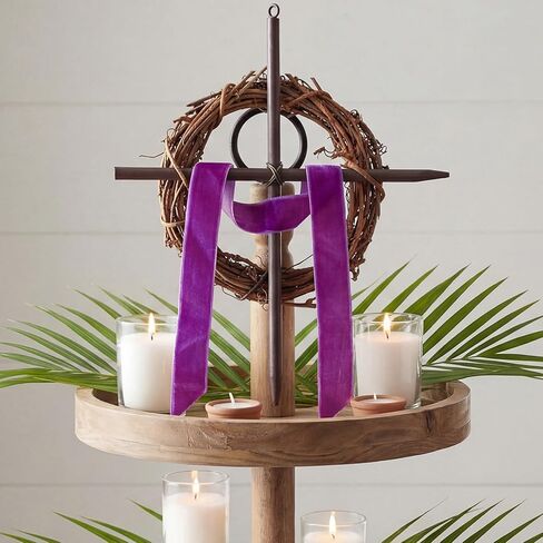 Dingion Lent Mini Crown of Thorns Nail Cross Wreath Decor Holy Thursday Easter Purple Velvet Ribbon 7in Christian Catholic Cross Rustic Christian Grapevine Thorns Crown for Lent Holy Week Church Home in Saudi Arabia