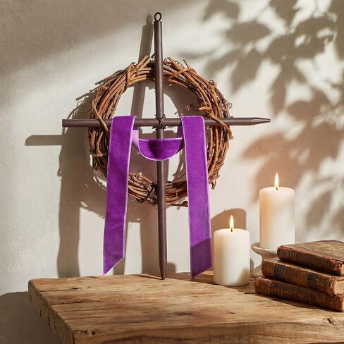 Dingion Lent Mini Crown of Thorns Nail Cross Wreath Decor Holy Thursday Easter Purple Velvet Ribbon 7in Christian Catholic Cross Rustic Christian Grapevine Thorns Crown for Lent Holy Week Church Home in Saudi Arabia