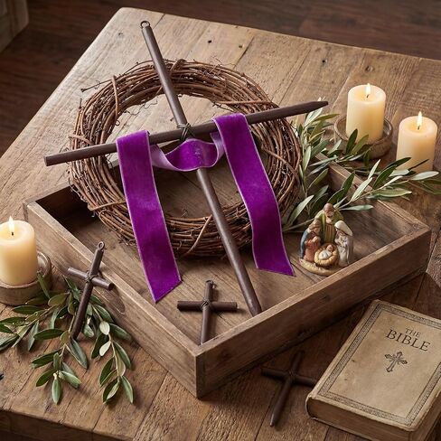 Dingion Lent Mini Crown of Thorns Nail Cross Wreath Decor Holy Thursday Easter Purple Velvet Ribbon 7in Christian Catholic Cross Rustic Christian Grapevine Thorns Crown for Lent Holy Week Church Home in Saudi Arabia